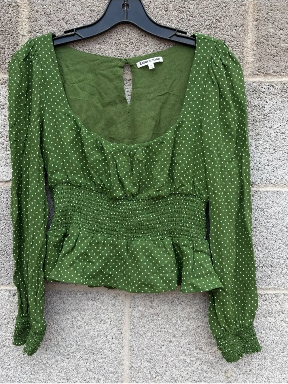 Reformation Size 6 Hearth Green Polka Dot Smocked Blouse Lined Key Hole Back